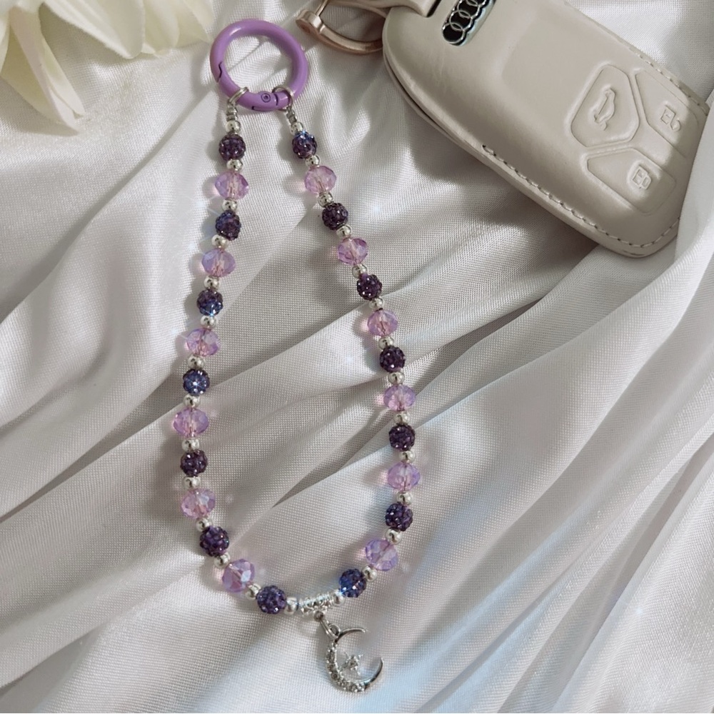 Handmade Purple Beaded Keychain with Crescent Moon Charm - Picture 3 of 3